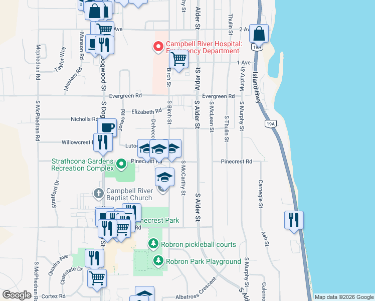 map of restaurants, bars, coffee shops, grocery stores, and more near 165 South McCarthy Street in Campbell River