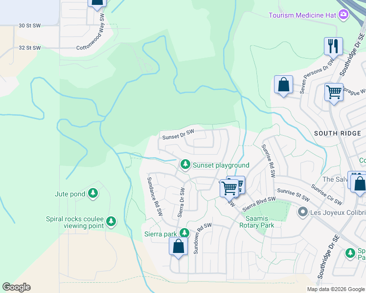 map of restaurants, bars, coffee shops, grocery stores, and more near 95 Sunset Crescent Southwest in Medicine Hat