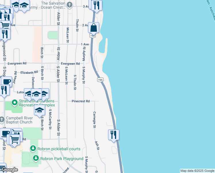 map of restaurants, bars, coffee shops, grocery stores, and more near in Campbell River
