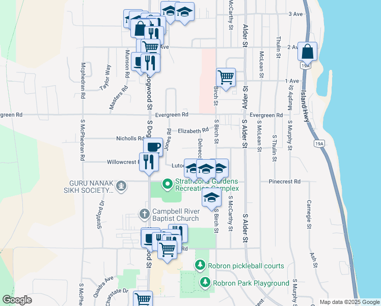 map of restaurants, bars, coffee shops, grocery stores, and more near 427 Jesmar Place in Campbell River