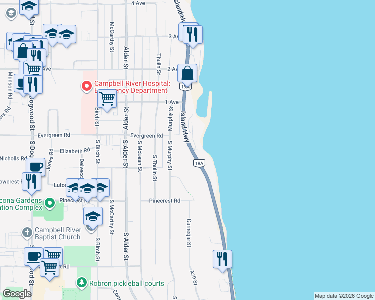 map of restaurants, bars, coffee shops, grocery stores, and more near 30 British Columbia 19A in Campbell River