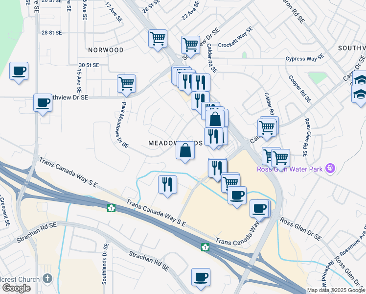 map of restaurants, bars, coffee shops, grocery stores, and more near 223 Park Meadows Drive Southeast in Medicine Hat