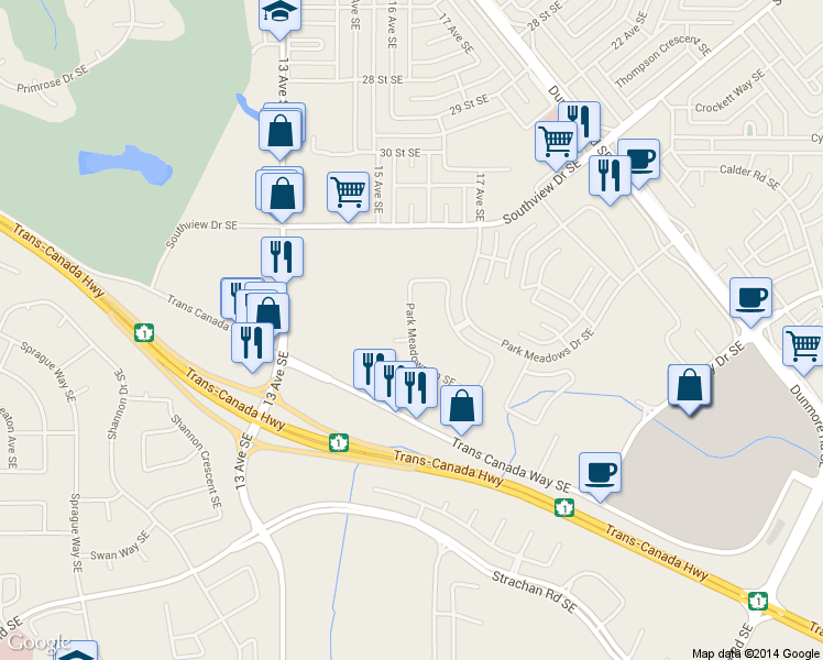 map of restaurants, bars, coffee shops, grocery stores, and more near 138 Park Meadows Lane Southeast in Medicine Hat