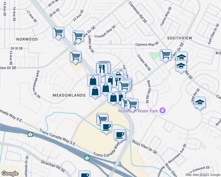 map of restaurants, bars, coffee shops, grocery stores, and more near 102 Calder Crescent Southeast in Medicine Hat