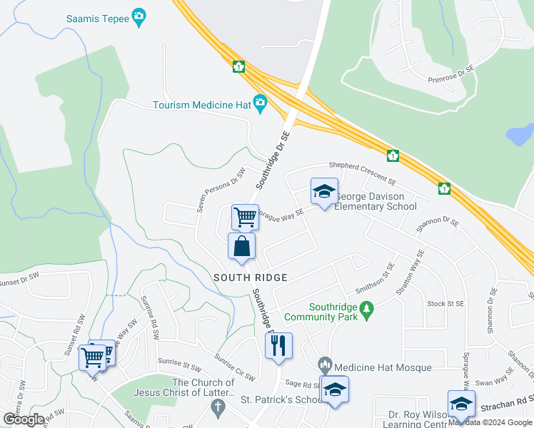 map of restaurants, bars, coffee shops, grocery stores, and more near 72 Southridge Drive Southeast in Medicine Hat