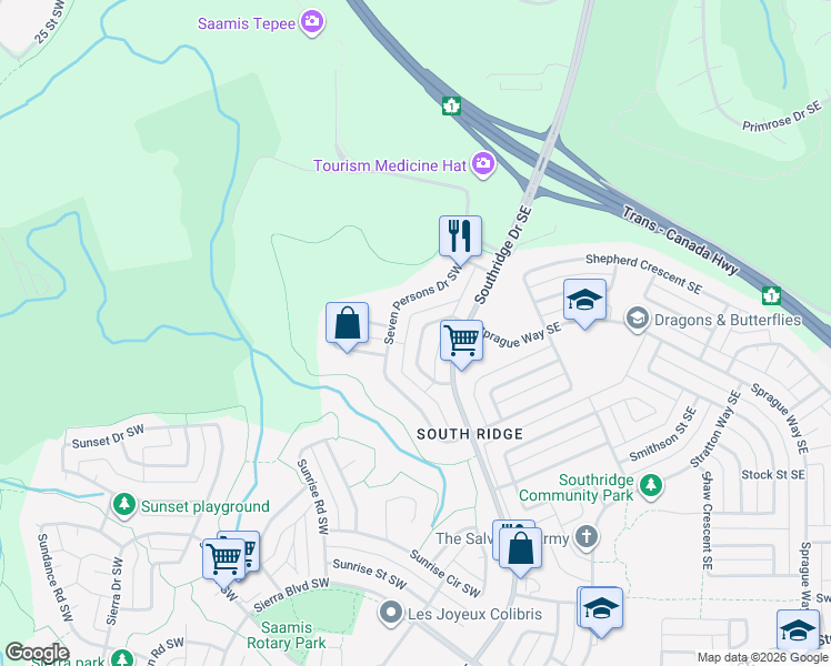 map of restaurants, bars, coffee shops, grocery stores, and more near 68 South Ridge Crescent Southwest in Medicine Hat