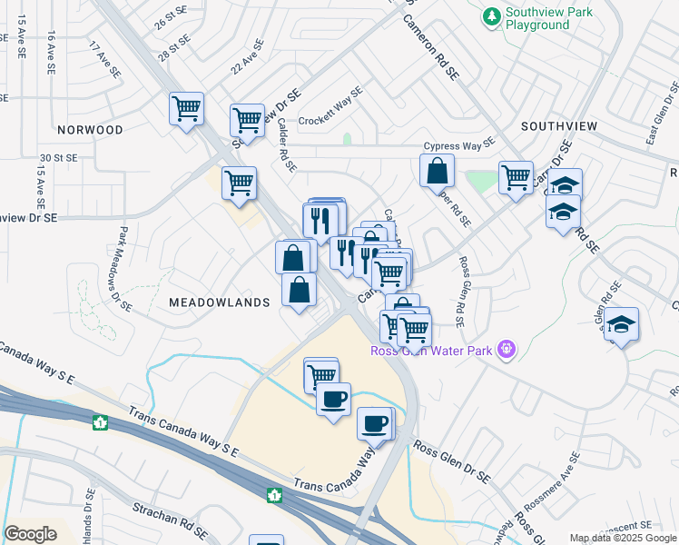 map of restaurants, bars, coffee shops, grocery stores, and more near 102 Calder Crescent Southeast in Medicine Hat