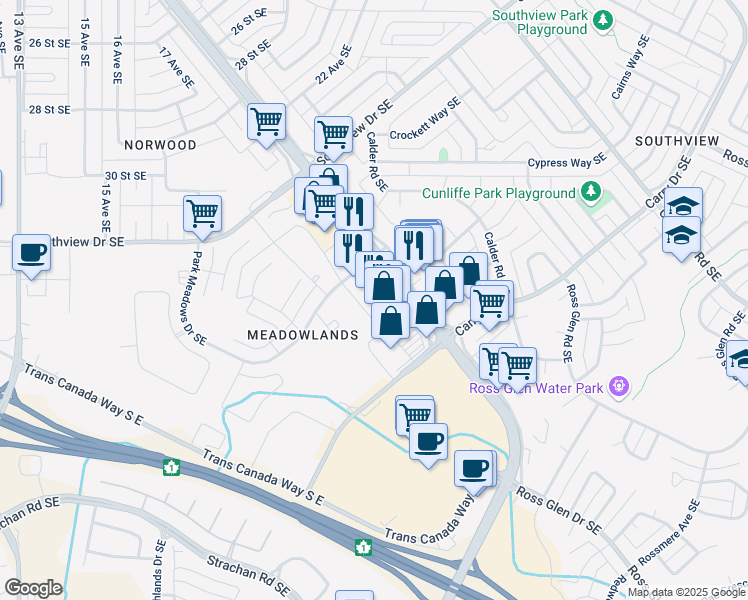 map of restaurants, bars, coffee shops, grocery stores, and more near 3158 Dunmore Road Southeast in Medicine Hat