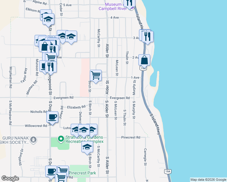map of restaurants, bars, coffee shops, grocery stores, and more near 34 McLean Street in Campbell River