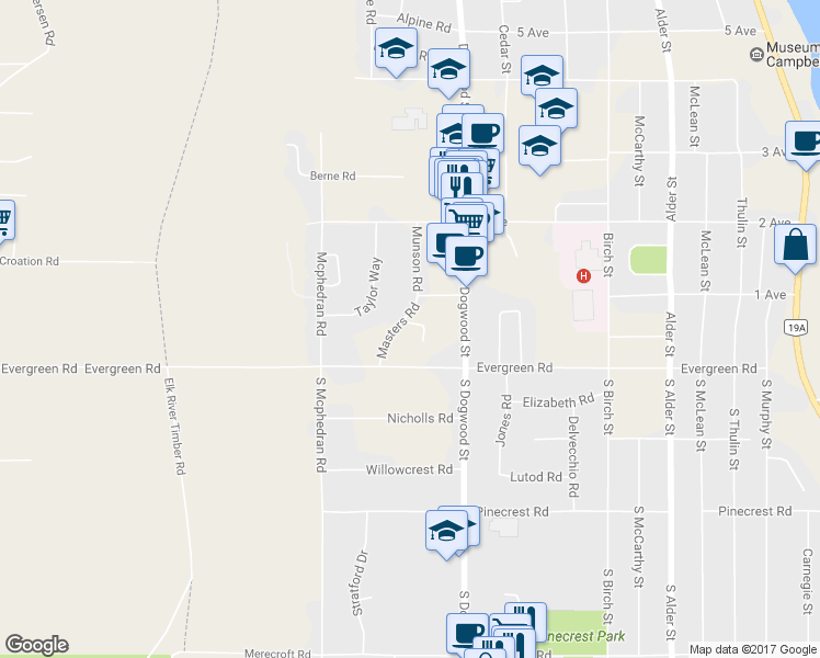map of restaurants, bars, coffee shops, grocery stores, and more near 65 Masters Road in Campbell River