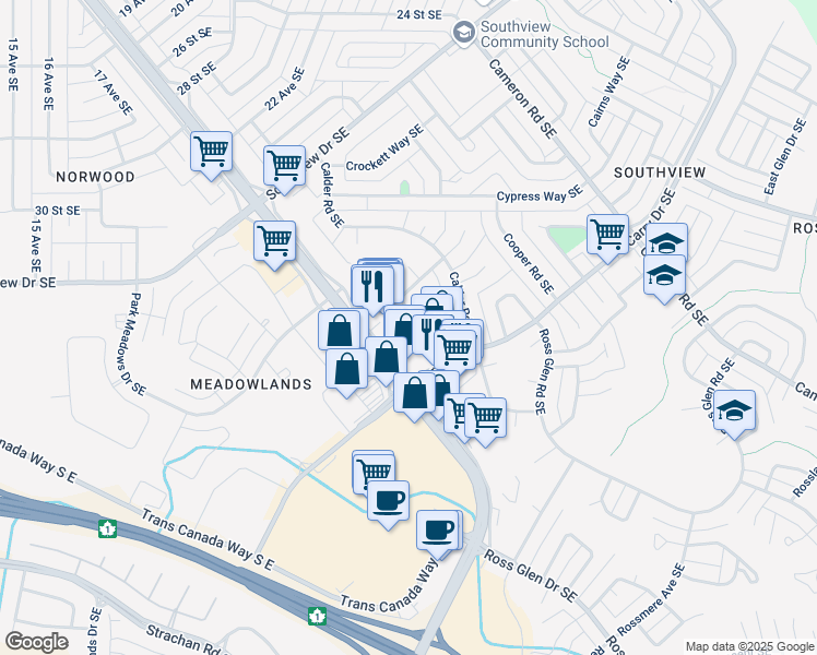 map of restaurants, bars, coffee shops, grocery stores, and more near 102 Calder Crescent Southeast in Medicine Hat