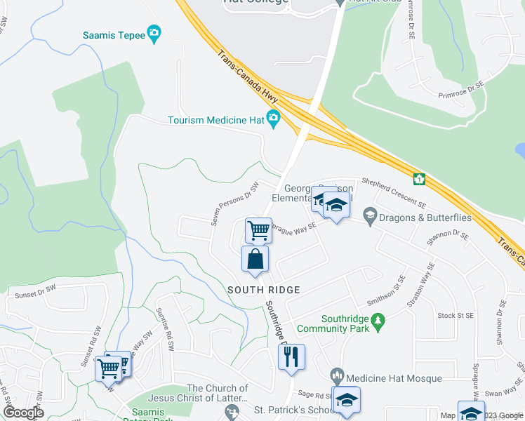 map of restaurants, bars, coffee shops, grocery stores, and more near 72 Southridge Drive Southeast in Medicine Hat