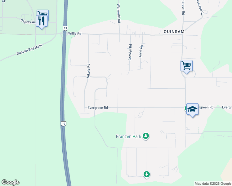 map of restaurants, bars, coffee shops, grocery stores, and more near 140 Walworth Road in Campbell River