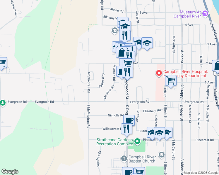 map of restaurants, bars, coffee shops, grocery stores, and more near 65 Masters Road in Campbell River