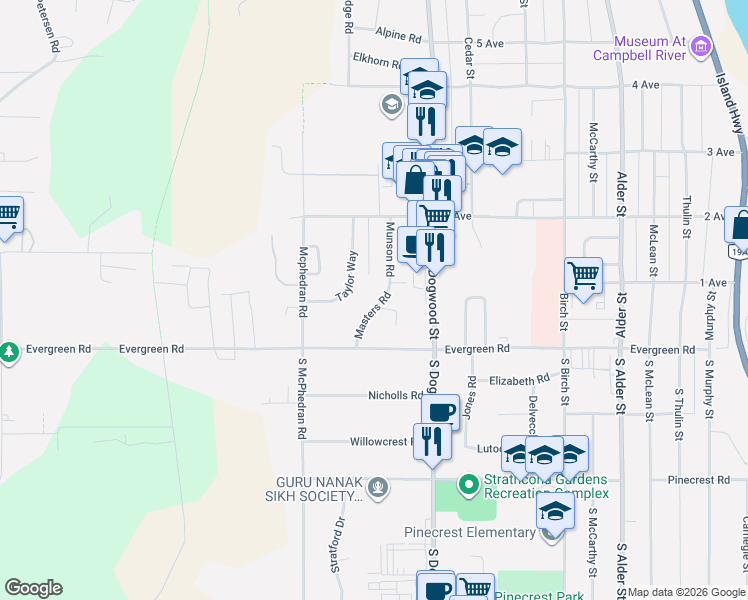 map of restaurants, bars, coffee shops, grocery stores, and more near 80 Masters Road in Campbell River