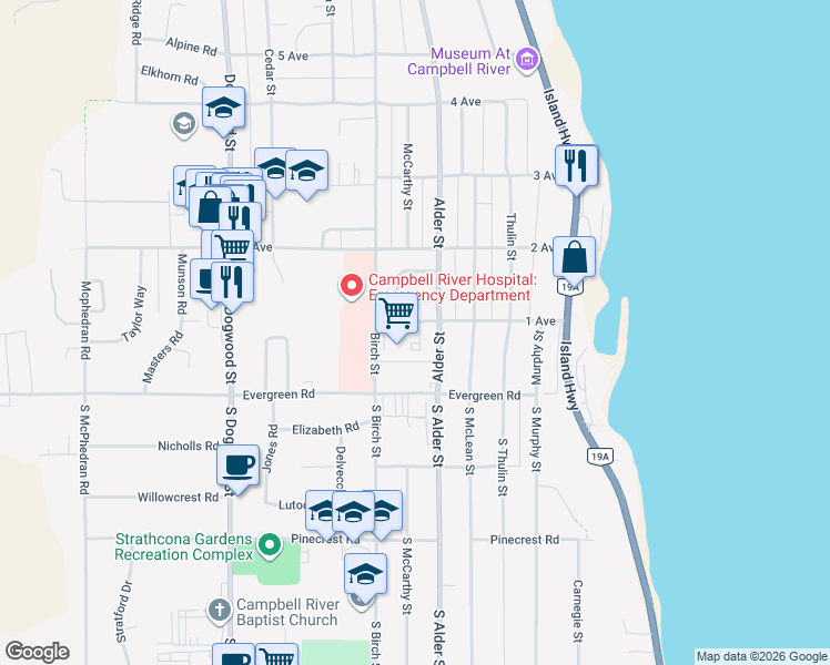 map of restaurants, bars, coffee shops, grocery stores, and more near 275 1 Avenue in Campbell River