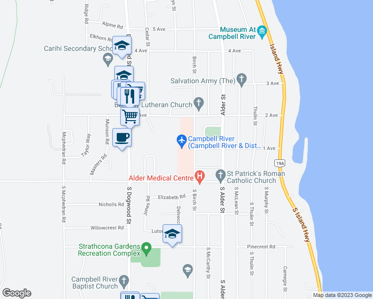 map of restaurants, bars, coffee shops, grocery stores, and more near 375 2 Avenue in Campbell River