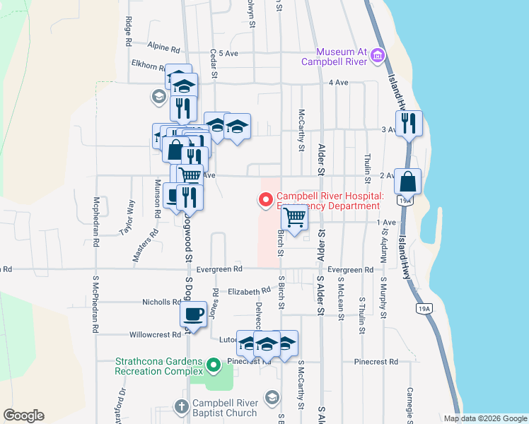 map of restaurants, bars, coffee shops, grocery stores, and more near 375 2 Avenue in Campbell River