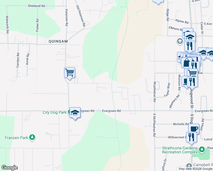 map of restaurants, bars, coffee shops, grocery stores, and more near 1441 Croation Road in Campbell River