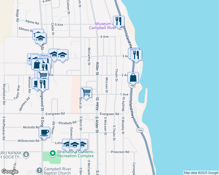 map of restaurants, bars, coffee shops, grocery stores, and more near 141 McLean Street in Campbell River