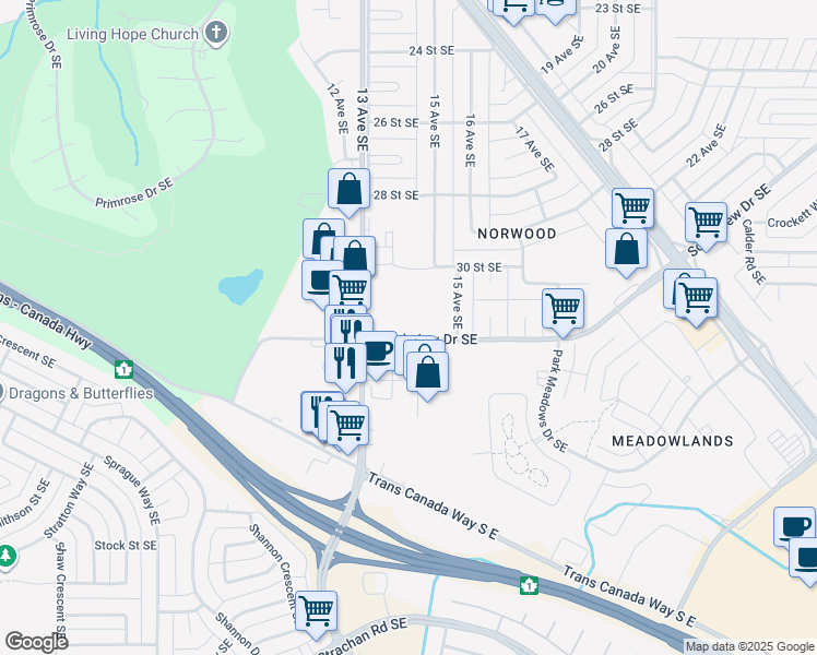 map of restaurants, bars, coffee shops, grocery stores, and more near 1424 Southview Drive Southeast in Medicine Hat