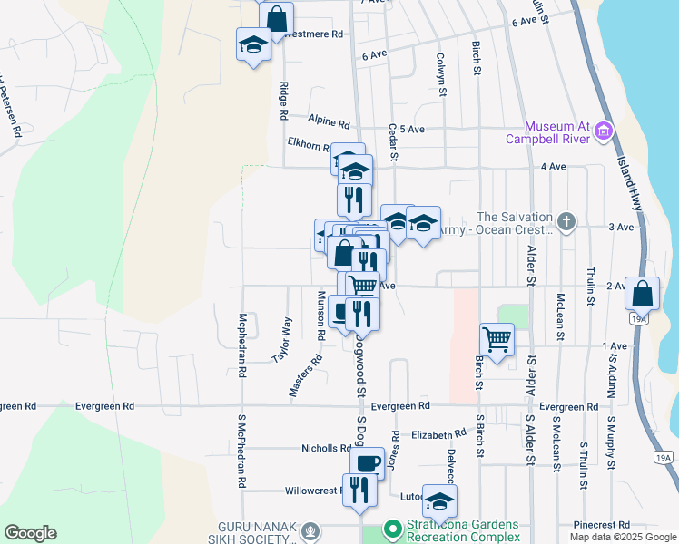 map of restaurants, bars, coffee shops, grocery stores, and more near 660 2 Avenue in Campbell River