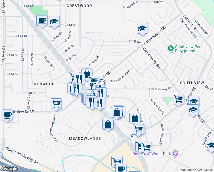 map of restaurants, bars, coffee shops, grocery stores, and more near 13 Calder Road Southeast in Medicine Hat