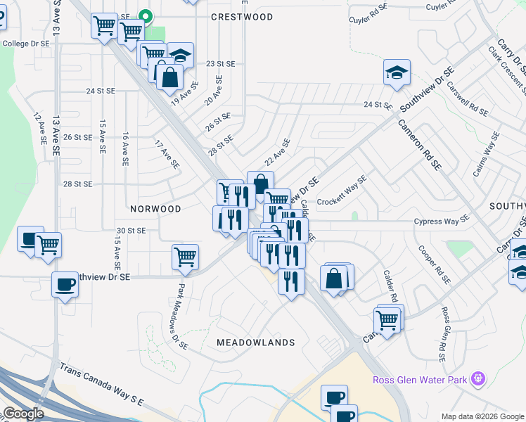 map of restaurants, bars, coffee shops, grocery stores, and more near 2253 Higdon Avenue Southeast in Medicine Hat
