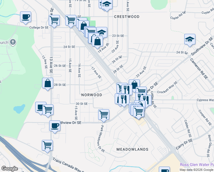 map of restaurants, bars, coffee shops, grocery stores, and more near 1804 29 Street Southeast in Medicine Hat