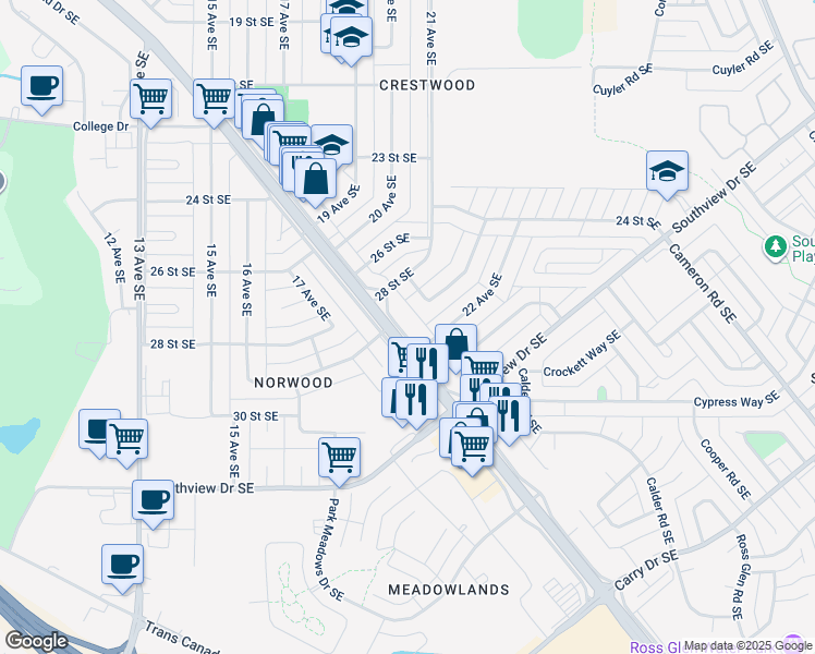 map of restaurants, bars, coffee shops, grocery stores, and more near 2851 Dunmore Road Southeast in Medicine Hat