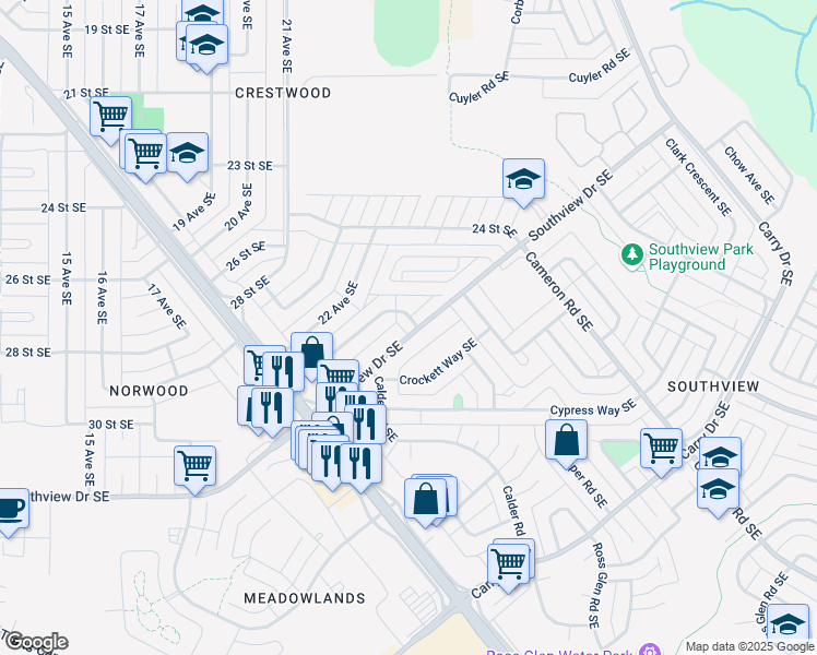 map of restaurants, bars, coffee shops, grocery stores, and more near 2504 Thompson Crescent Southeast in Medicine Hat