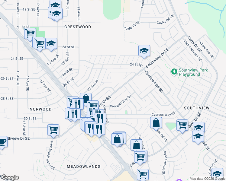 map of restaurants, bars, coffee shops, grocery stores, and more near 8 Southview Drive Southeast in Medicine Hat