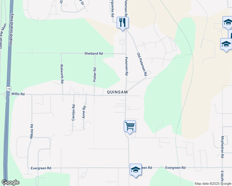 map of restaurants, bars, coffee shops, grocery stores, and more near 1720 Willis Road in Campbell River