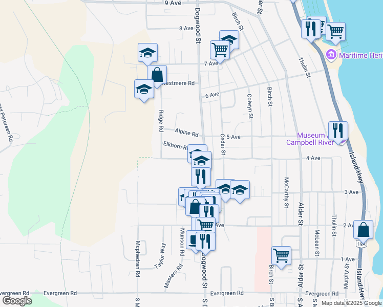 map of restaurants, bars, coffee shops, grocery stores, and more near 644 4 Avenue in Campbell River