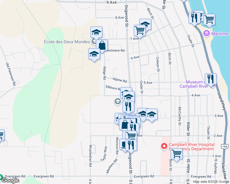 map of restaurants, bars, coffee shops, grocery stores, and more near 680 4 Avenue in Campbell River