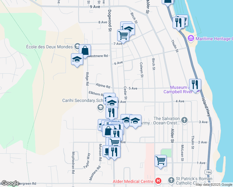 map of restaurants, bars, coffee shops, grocery stores, and more near 501 Dogwood Street in Campbell River