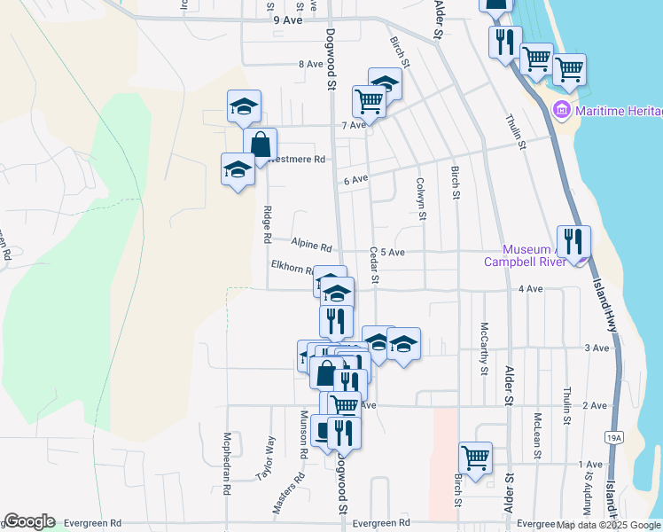 map of restaurants, bars, coffee shops, grocery stores, and more near 645 Alpine Road in Campbell River