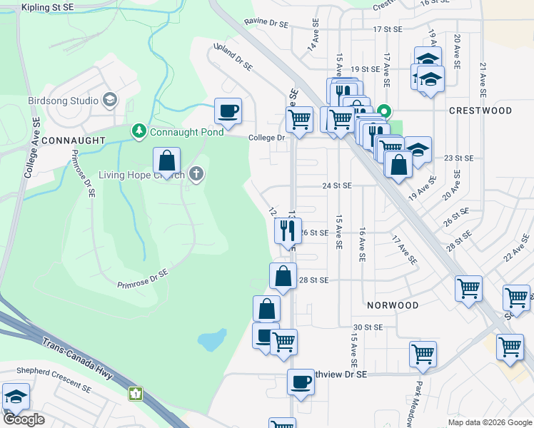 map of restaurants, bars, coffee shops, grocery stores, and more near 2508 12 Avenue Southeast in Medicine Hat