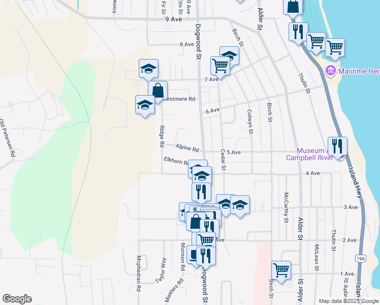 map of restaurants, bars, coffee shops, grocery stores, and more near 645 Alpine Road in Campbell River