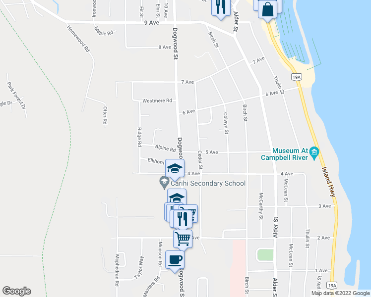 map of restaurants, bars, coffee shops, grocery stores, and more near 501 Dogwood Street in Campbell River