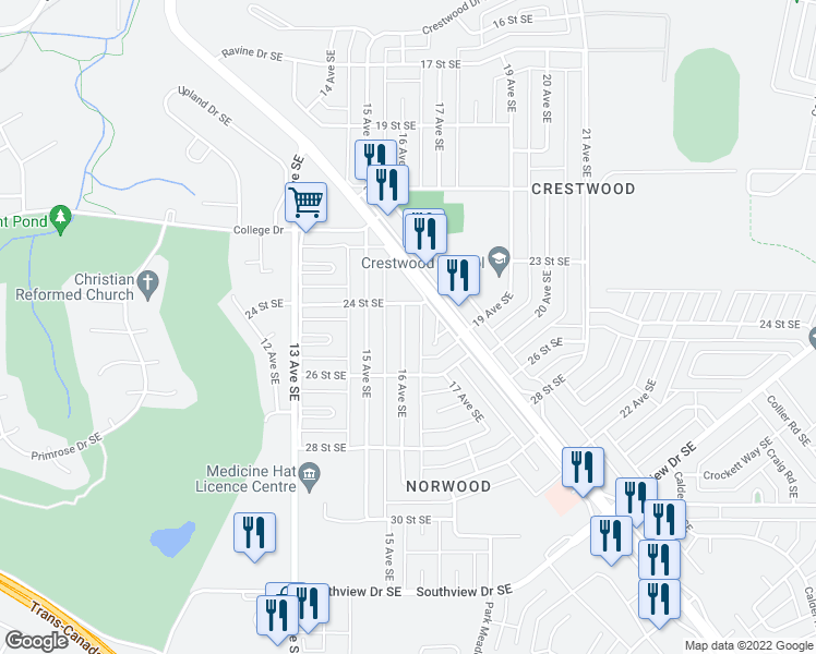 map of restaurants, bars, coffee shops, grocery stores, and more near 2425 16 Avenue Southeast in Medicine Hat