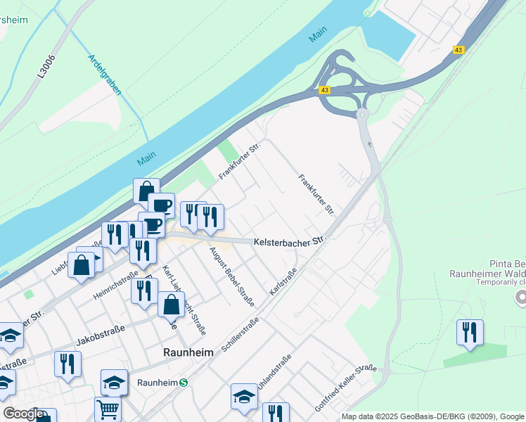 map of restaurants, bars, coffee shops, grocery stores, and more near 10 Am Prime-Parc in Raunheim