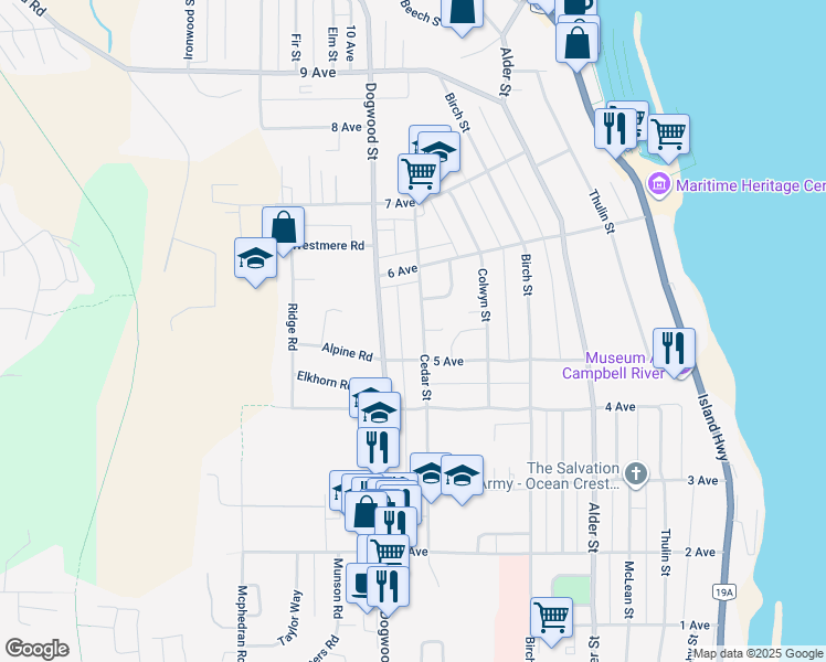 map of restaurants, bars, coffee shops, grocery stores, and more near 534 Cedar Street in Campbell River