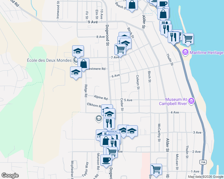 map of restaurants, bars, coffee shops, grocery stores, and more near 549 Dogwood Street in Campbell River