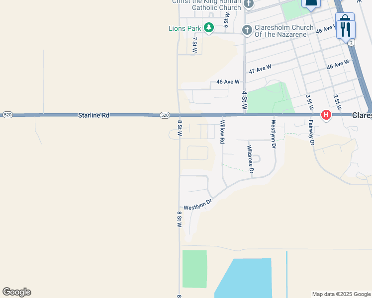 map of restaurants, bars, coffee shops, grocery stores, and more near 10 Westover Avenue in Claresholm