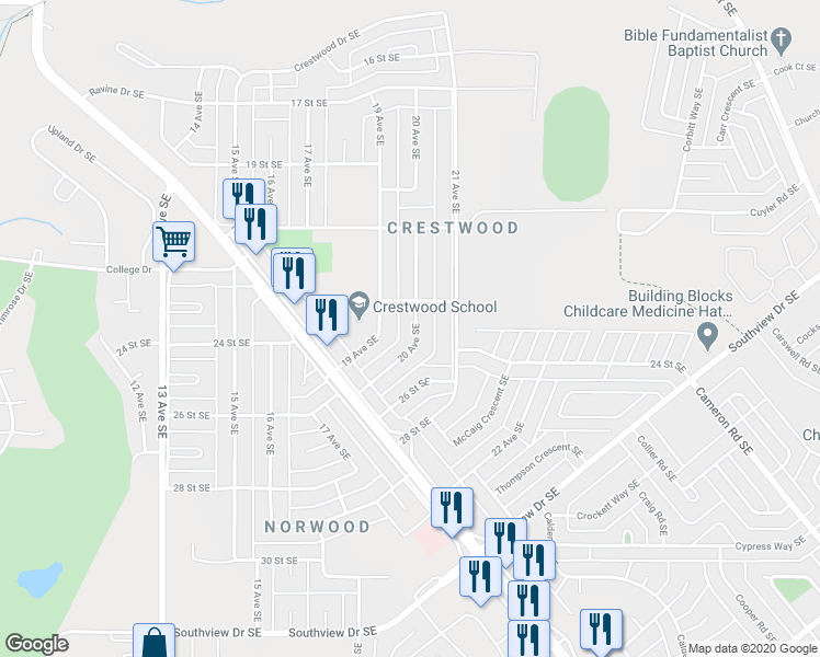 map of restaurants, bars, coffee shops, grocery stores, and more near 2328 20 Avenue Southeast in Medicine Hat