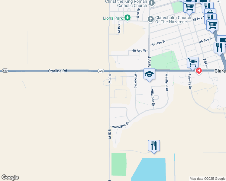 map of restaurants, bars, coffee shops, grocery stores, and more near 10 Westover Avenue in Claresholm