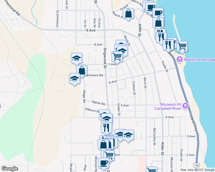 map of restaurants, bars, coffee shops, grocery stores, and more near in Campbell River