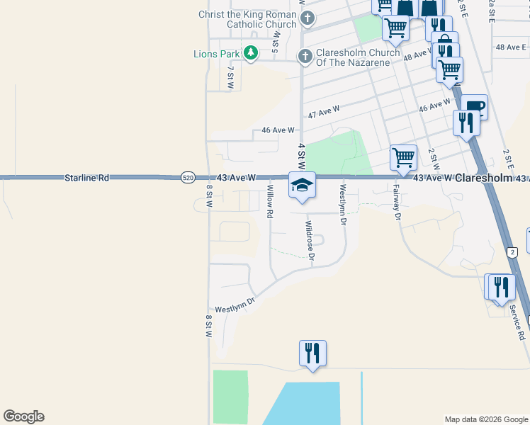 map of restaurants, bars, coffee shops, grocery stores, and more near 24 Willow Road in Claresholm
