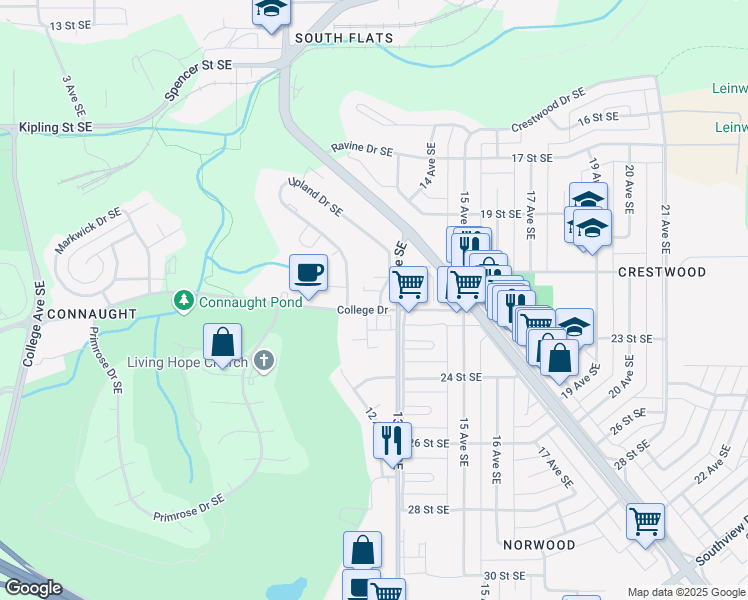 map of restaurants, bars, coffee shops, grocery stores, and more near 1298 College Drive in Medicine Hat